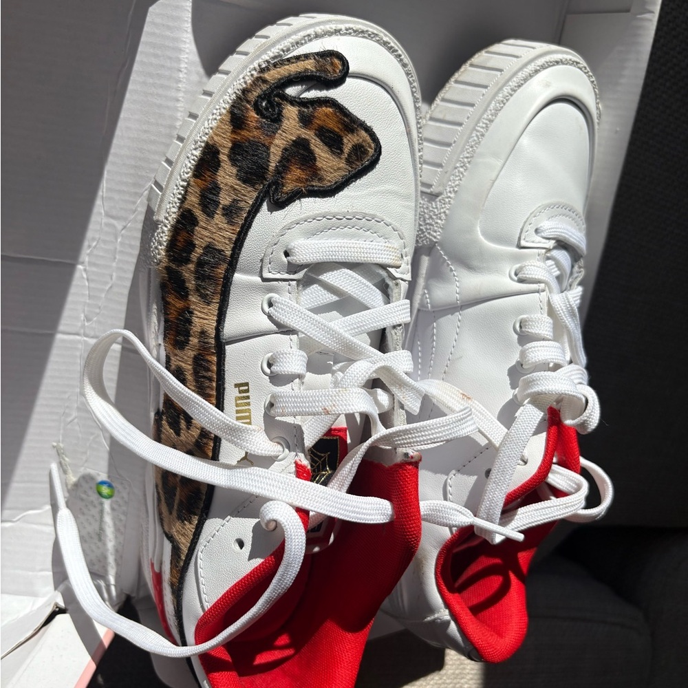 Puma White and Red Sneakers with Leopard Detail